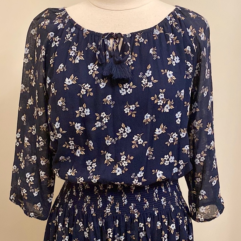 J. Jill Navy Blue Ditsy Floral SZ S Cottagecore Romantic Boho Chic Peasant Dress - Picture 2 of 13